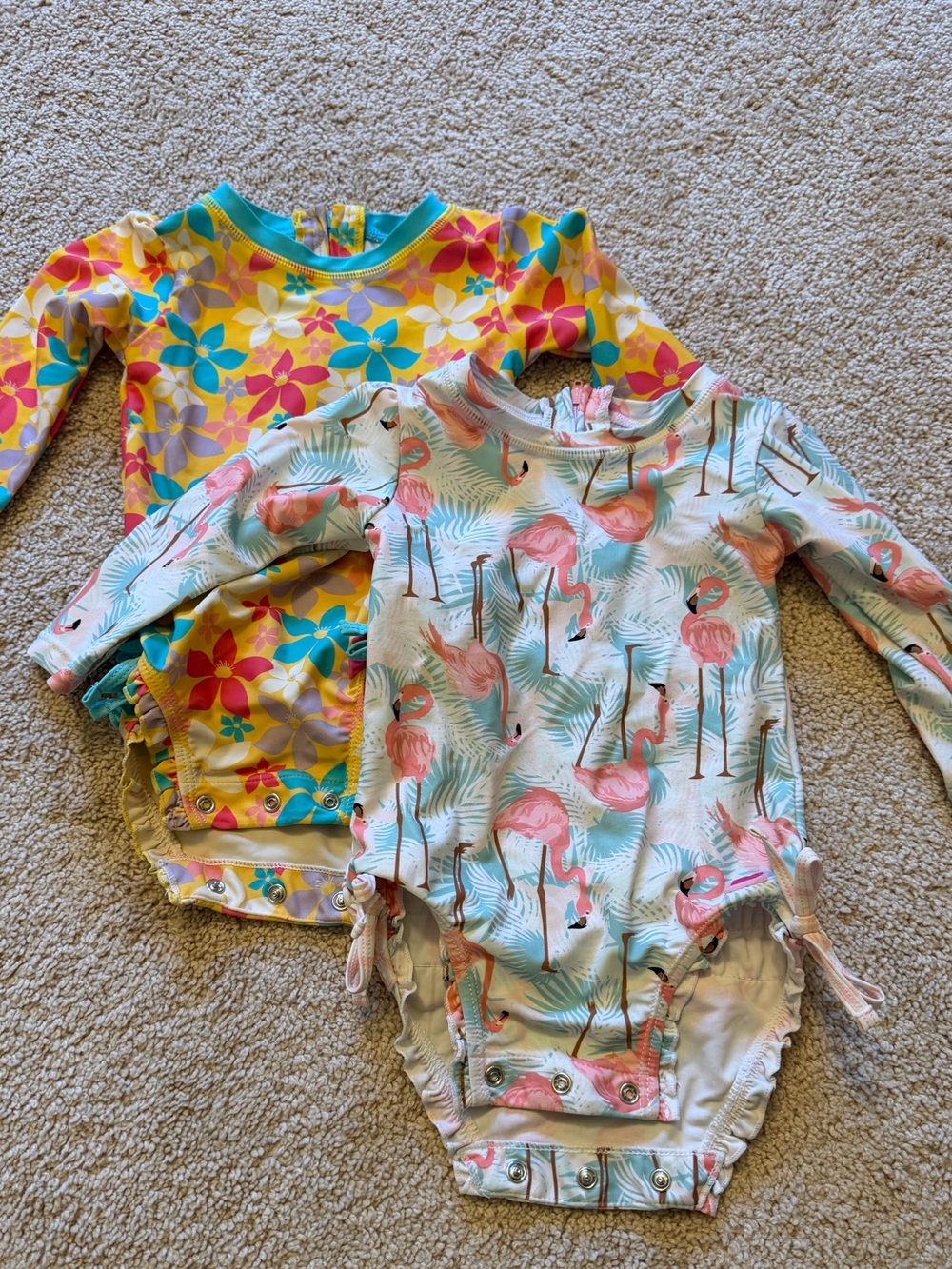 Ruffle Butts Pink Flamingo & Aqua Long-Sleeve One-Piece